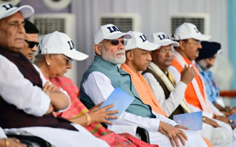 Defence Minister Rajnath Singh with Prime Minister Narendra Modi and Uttar Pradesh leaders at the IAF air display at Namo Ghat, Varanasi
