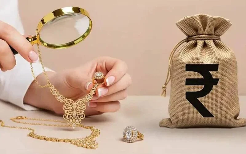Gold jewellery pledged for a loan at a lender's counter