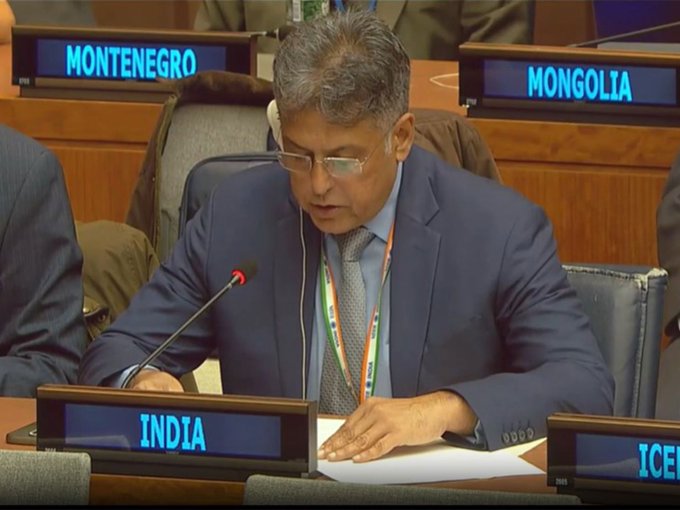 Indian delegate Manish Tewari delivering India's statement at the UN General Assembly First Committee in New York