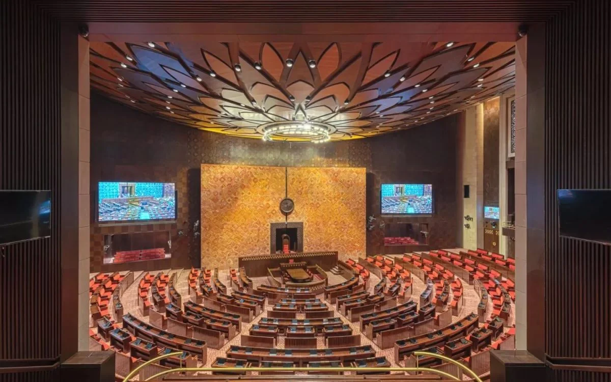 The Rajya Sabha chamber in the new Parliament building, New Delhi
