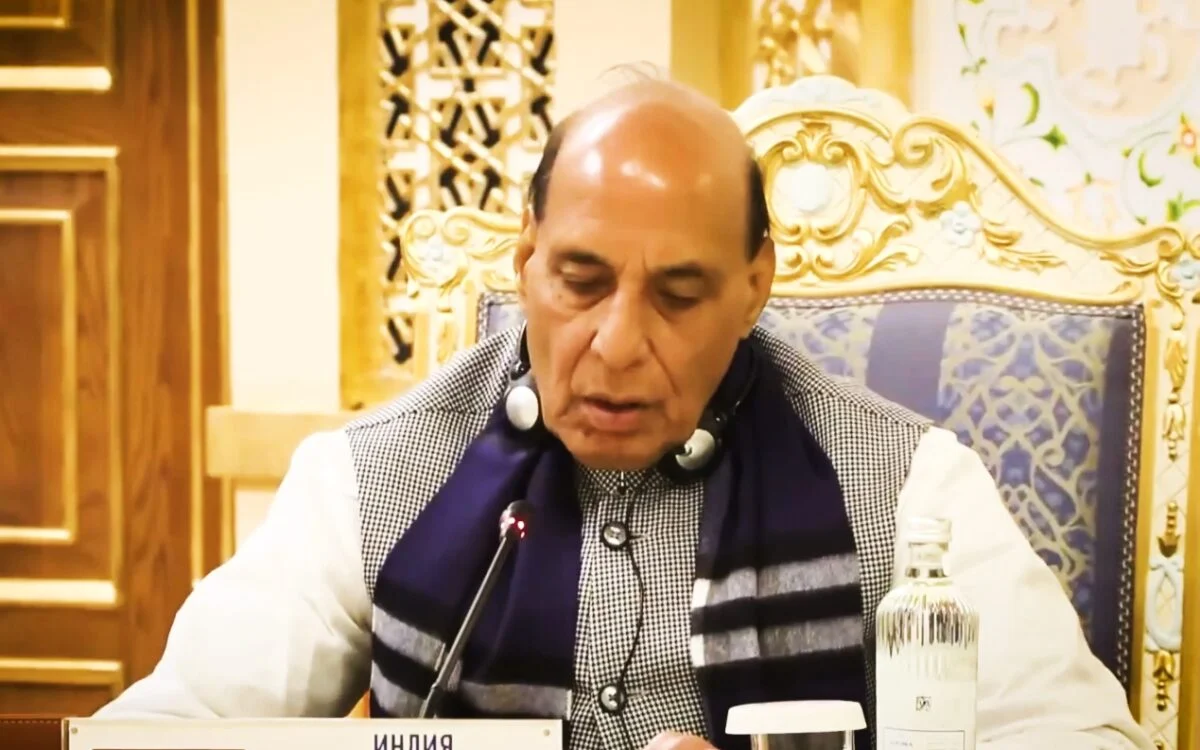 Defence Minister Rajnath Singh addressing the SCO Council of Heads of Government meeting in Dushanbe