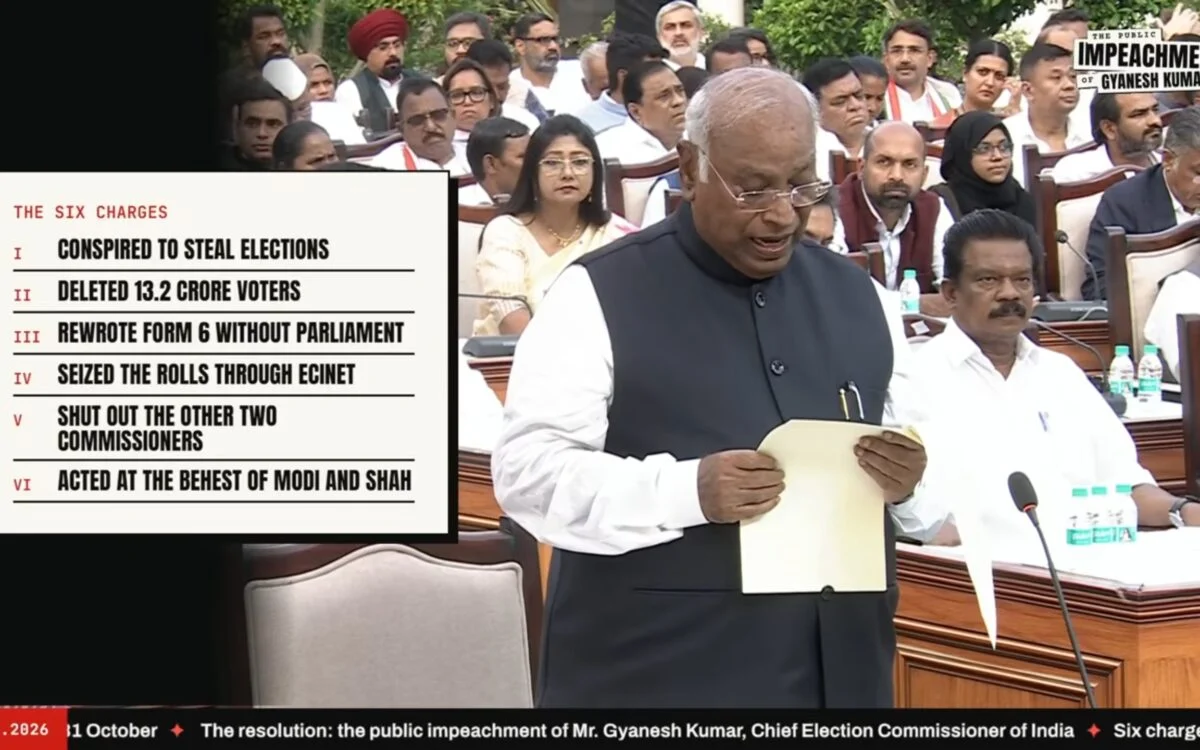 Mallikarjun Kharge speaking at the INDIA bloc public impeachment of CEC Gyanesh Kumar, New Delhi, 31 October 2026