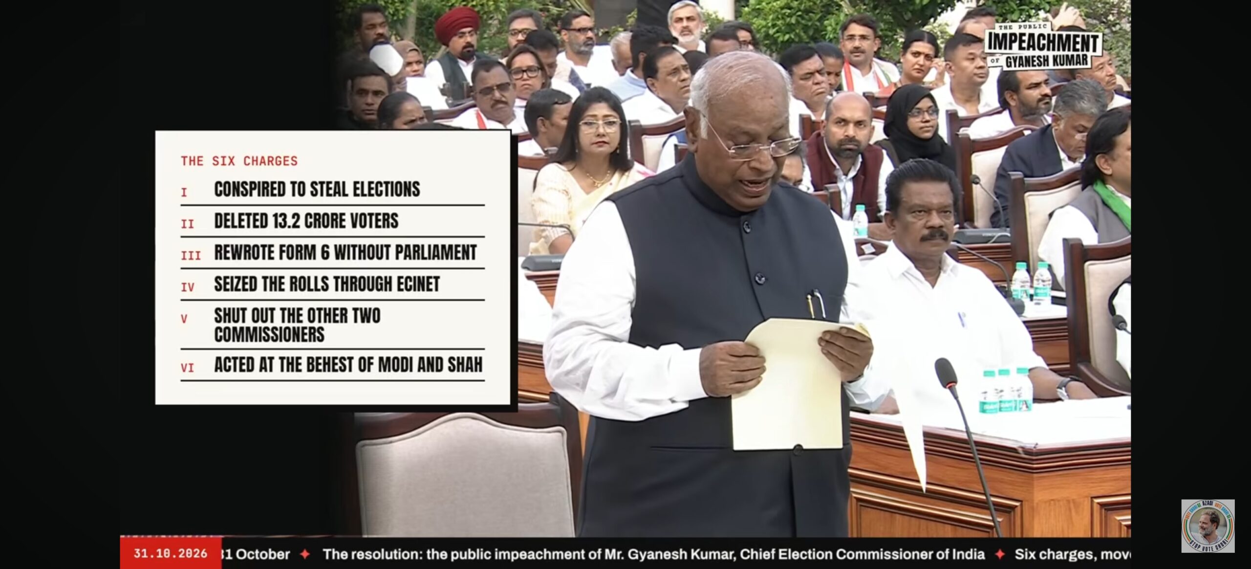 Mallikarjun Kharge speaking at the INDIA bloc public impeachment of CEC Gyanesh Kumar, New Delhi, 31 October 2026
