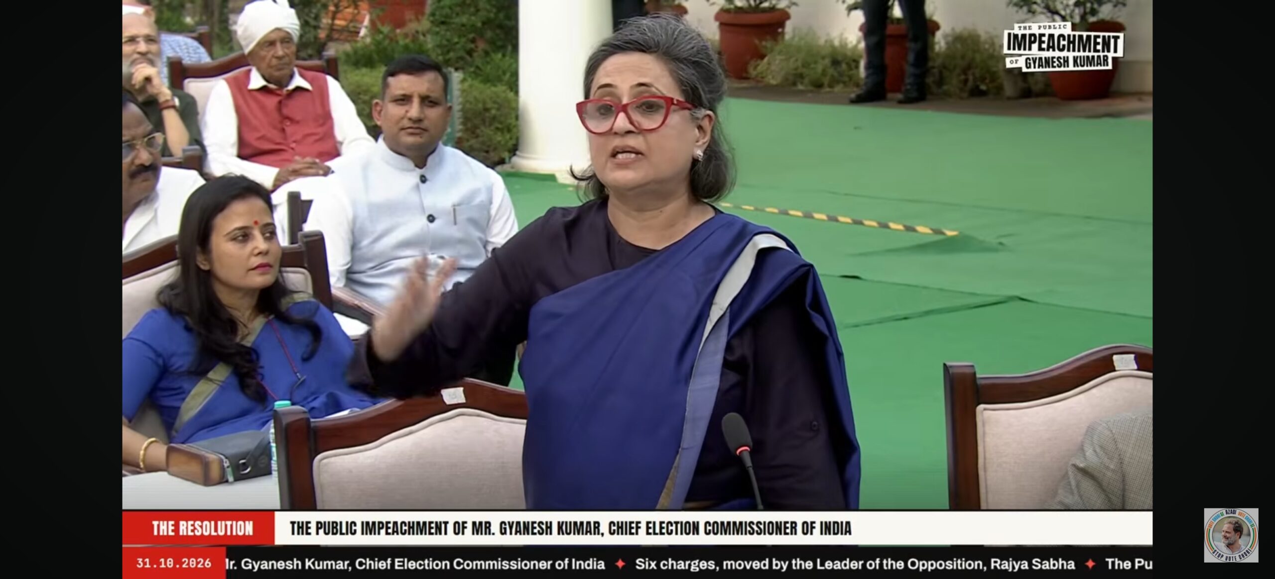 TMC MP Sagarika Ghose speaking at the INDIA bloc public impeachment of CEC Gyanesh Kumar, New Delhi, 31 October 2026