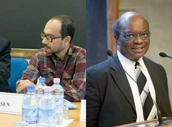 Physicist Ashoke Sen (left) with mathematician Aderemi Kuku at ICTP