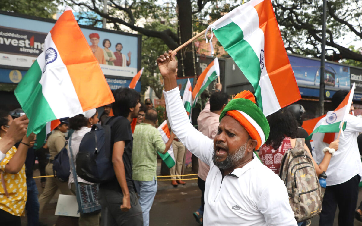 Cockroach Janta Party members marching with the Tricolour at Town Hall in Bengaluru