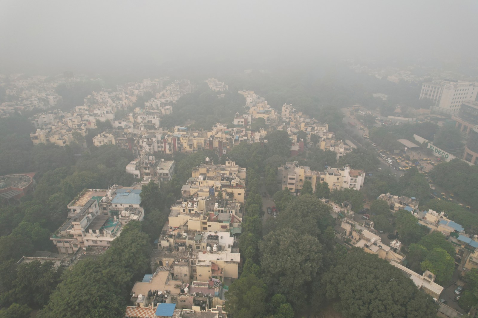 New Delhi skyline wrapped in thick grey smog and fog in November