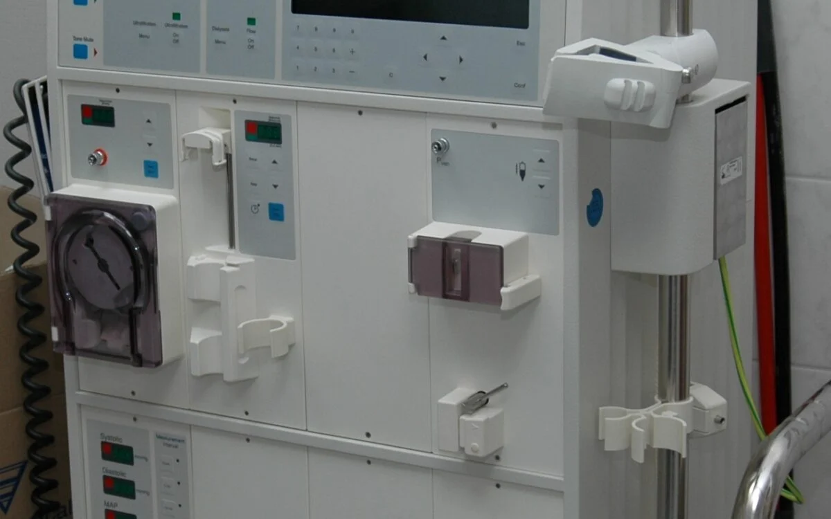 A haemodialysis machine with a dialyser and blood tubing attached