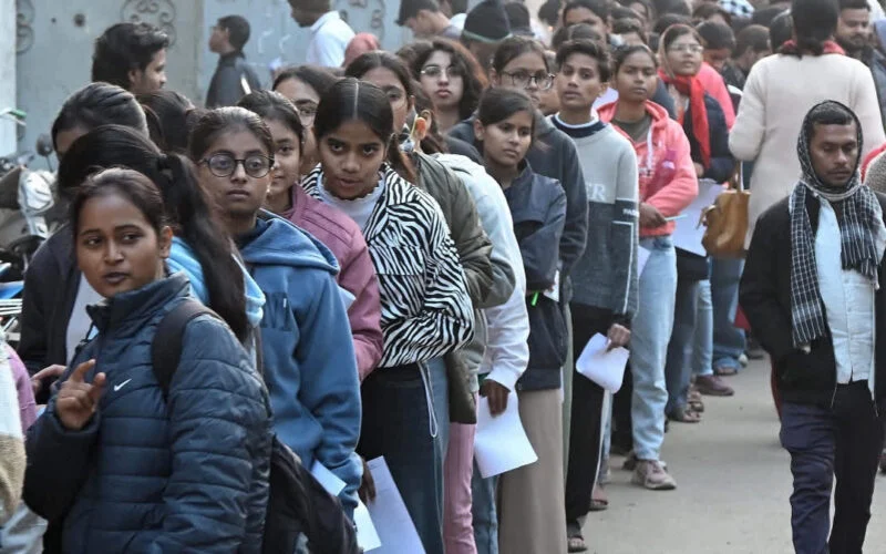 JEE Main aspirants waiting in a queue outside an examination centre