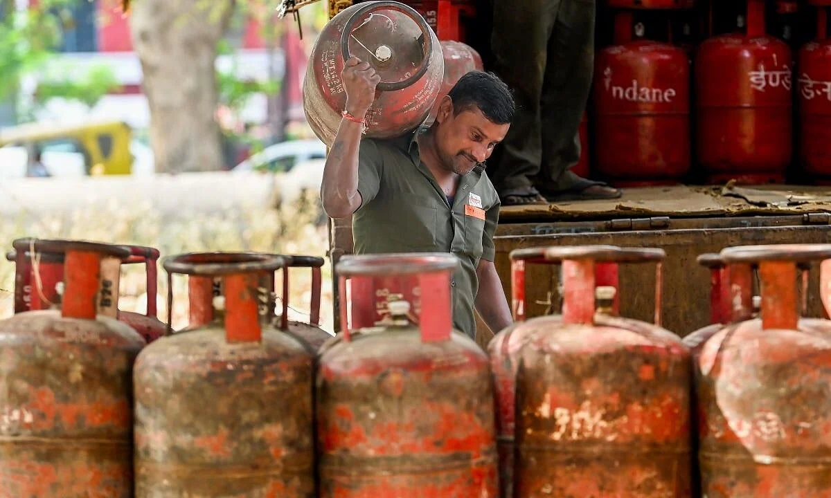Domestic LPG cylinders stacked at a gas distribution point