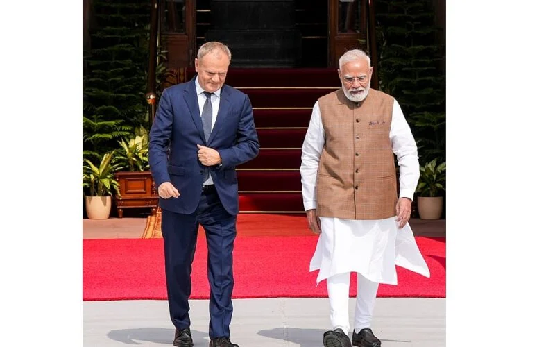 Prime Minister Narendra Modi with Polish Prime Minister Donald Tusk before bilateral talks at Hyderabad House, New Delhi