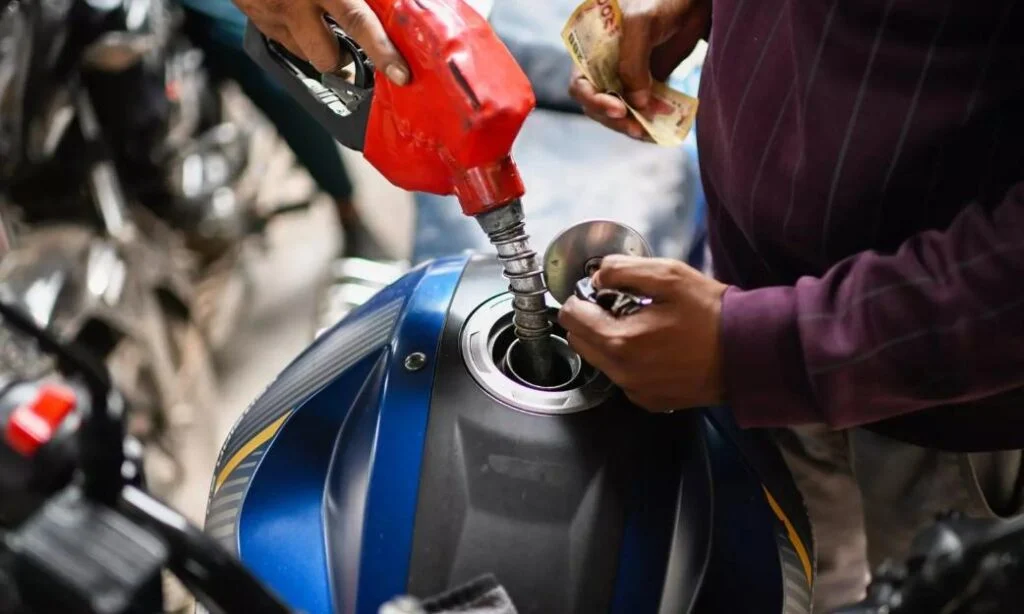 Fuel being dispensed at a petrol pump