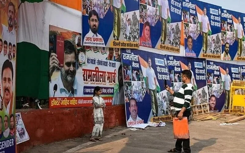 Posters at Ramlila Maidan in Delhi ahead of the INDIA bloc rally