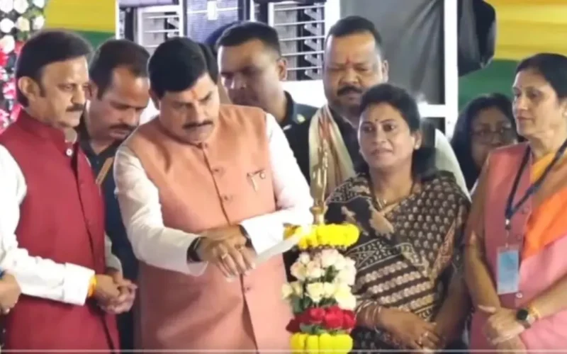 Madhya Pradesh Chief Minister Mohan Yadav at the tendu leaf collectors' bonus event at Banganga Mela Ground, Shahdol