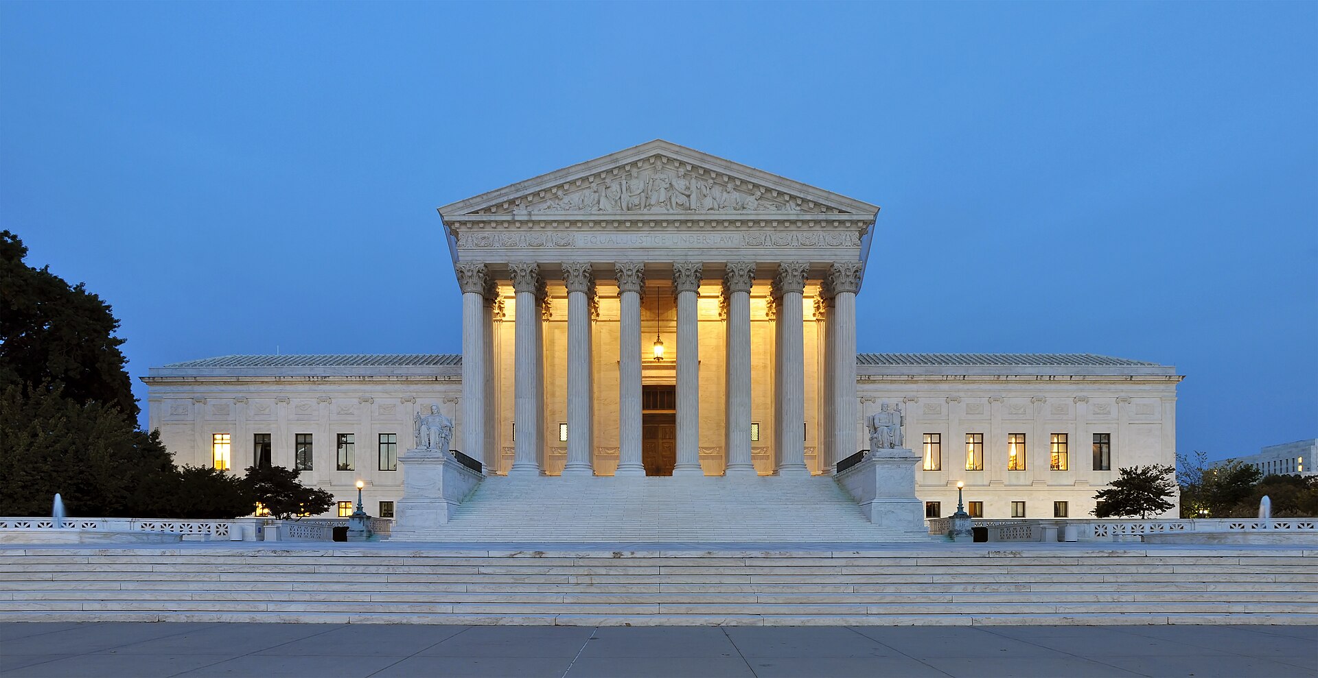 The US Supreme Court building in Washington DC at dusk